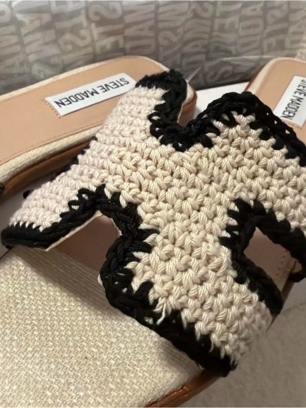 Steve Madden Beige Crochet Slide Sandals with Black Trim - Picture 2 of 4